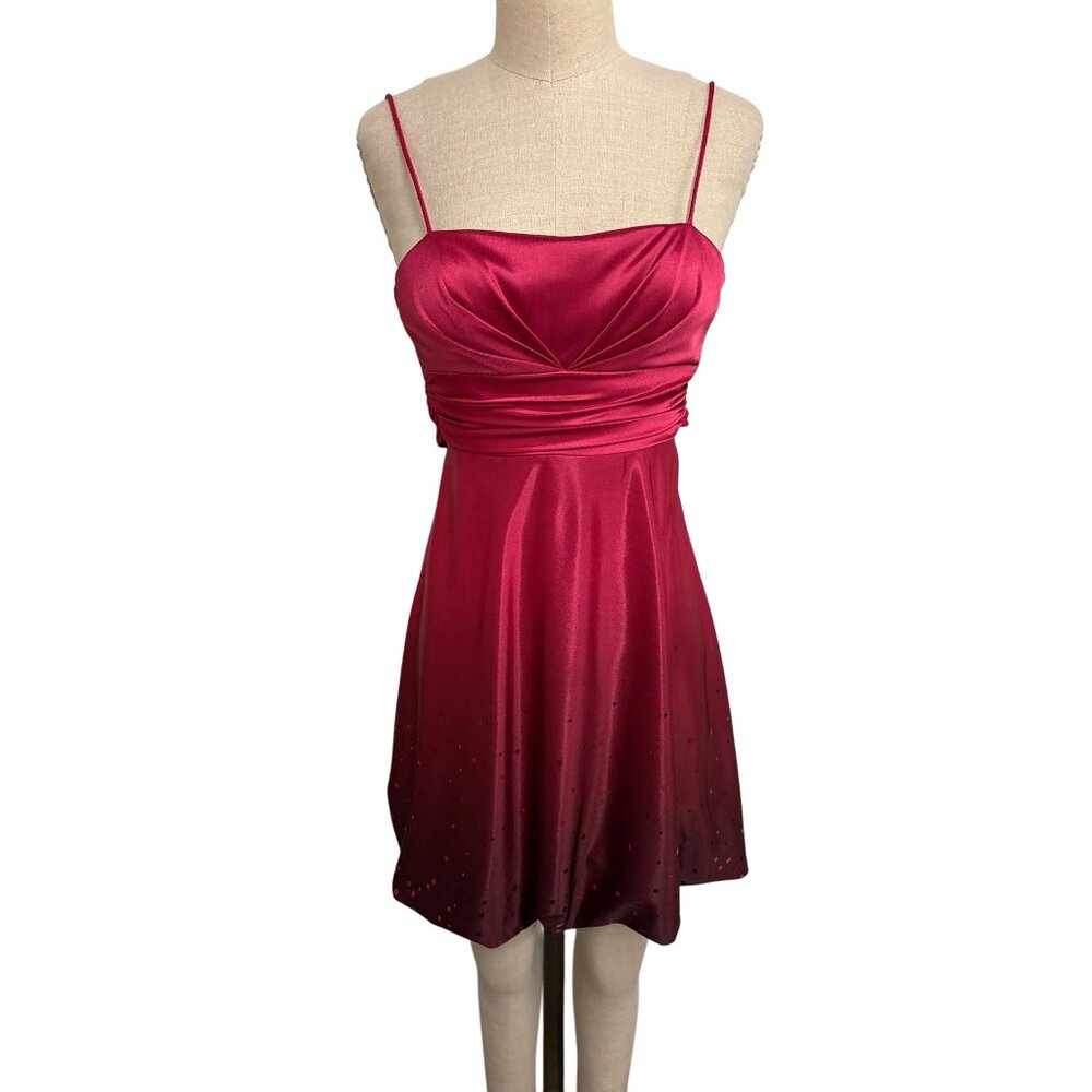 Vintage Y2K Jump Apparel Red Satin Spaghetti Strap Dress Ruched Bodice Sparkle